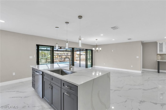 kitchen with dishwasher, a center island with sink, sink, light stone countertops, and decorative light fixtures