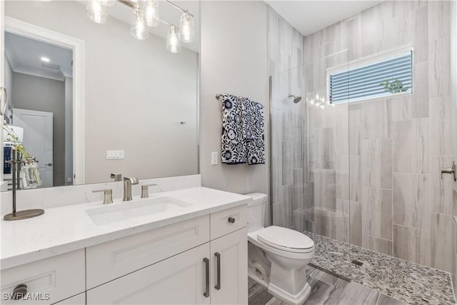 bathroom featuring vanity, a tile shower, and toilet