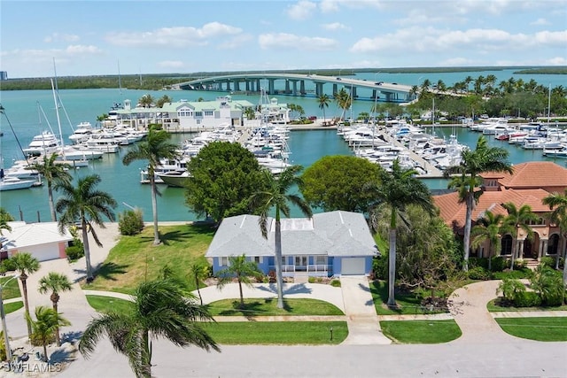 drone / aerial view with a water view