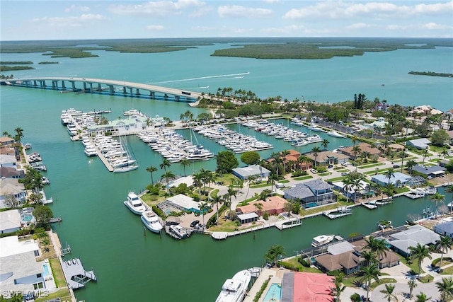 bird's eye view with a water view