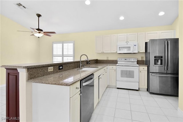 kitchen featuring kitchen peninsula, appliances with stainless steel finishes, white cabinets, and sink