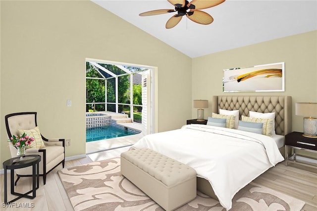 bedroom with access to exterior, ceiling fan, vaulted ceiling, and light wood-type flooring