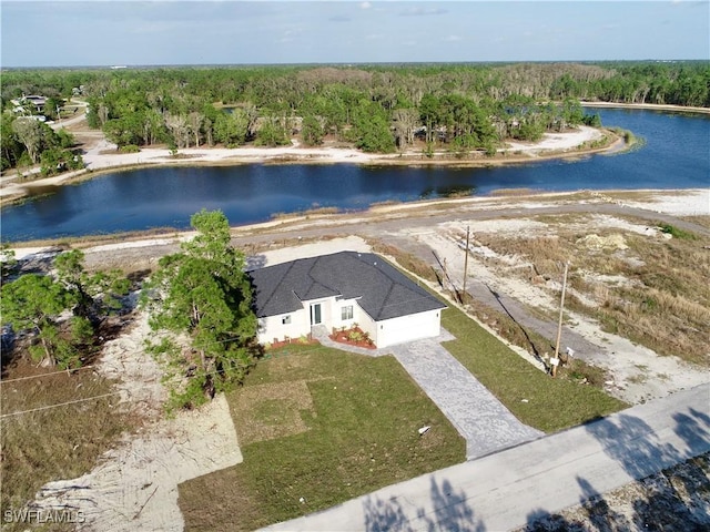 drone / aerial view with a water view