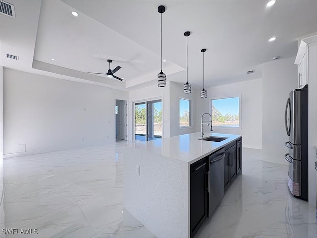 kitchen featuring a tray ceiling, sink, an island with sink, and appliances with stainless steel finishes