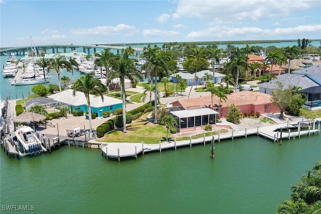 bird's eye view with a water view