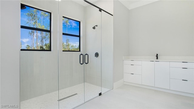 bathroom featuring vanity and an enclosed shower