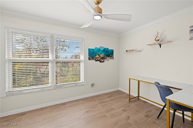 office space featuring light wood-type flooring, ceiling fan, and crown molding