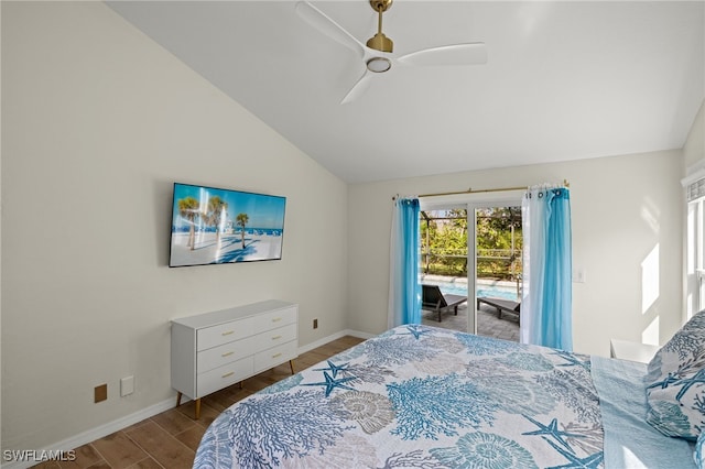 bedroom with ceiling fan, access to exterior, wood-type flooring, and vaulted ceiling