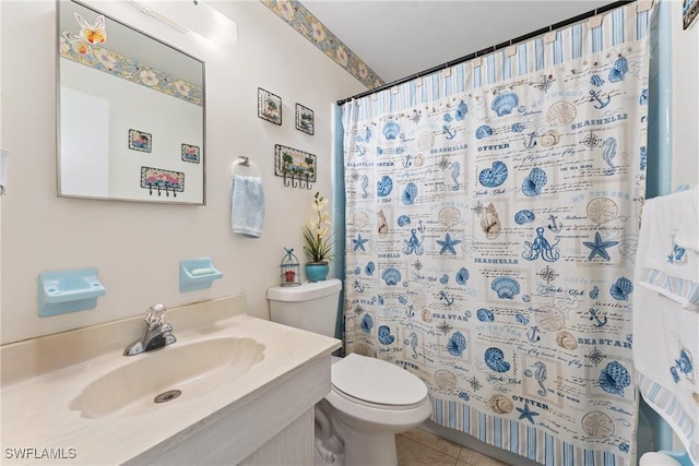 bathroom with walk in shower, tile patterned flooring, vanity, and toilet