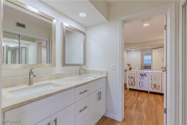 bathroom with wood-type flooring and vanity