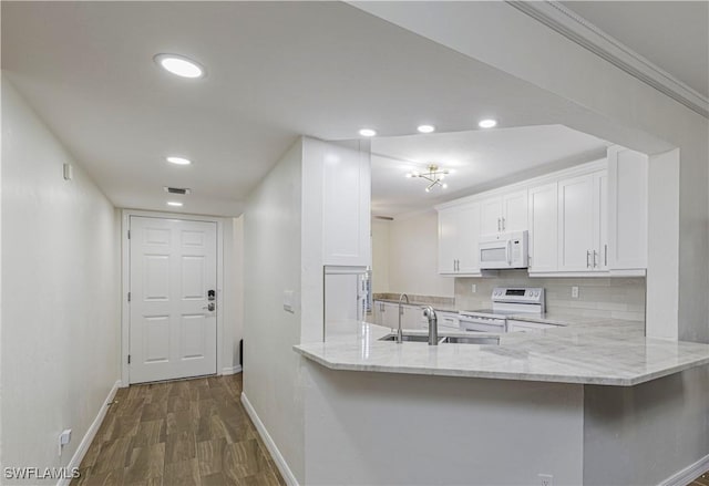 kitchen with white cabinets, sink, kitchen peninsula, and range with electric cooktop