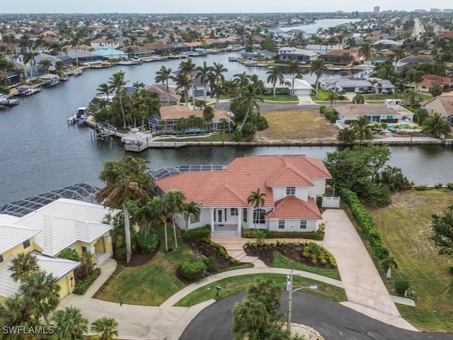 aerial view featuring a water view