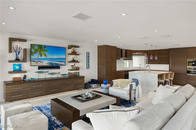 tiled living room with sink