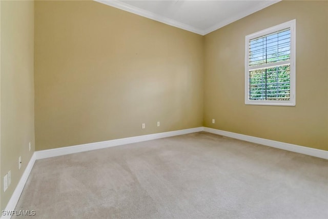 spare room featuring light carpet, baseboards, and ornamental molding