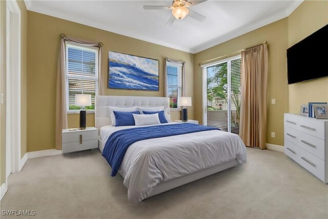 bedroom with light carpet, crown molding, and baseboards