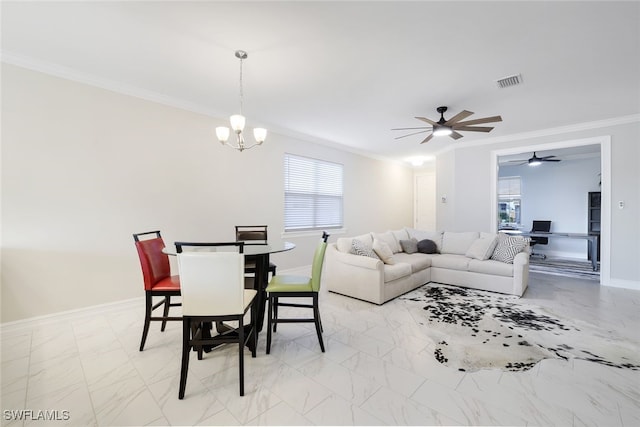 living room featuring ceiling fan with notable chandelier and ornamental molding