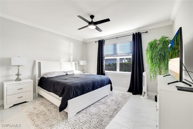 bedroom featuring ceiling fan and crown molding