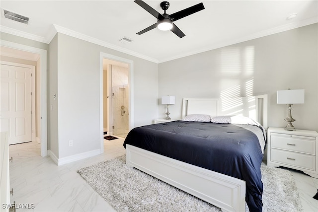 bedroom featuring ensuite bathroom, ceiling fan, and ornamental molding