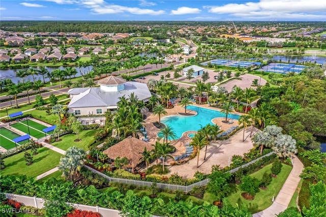 birds eye view of property featuring a water view