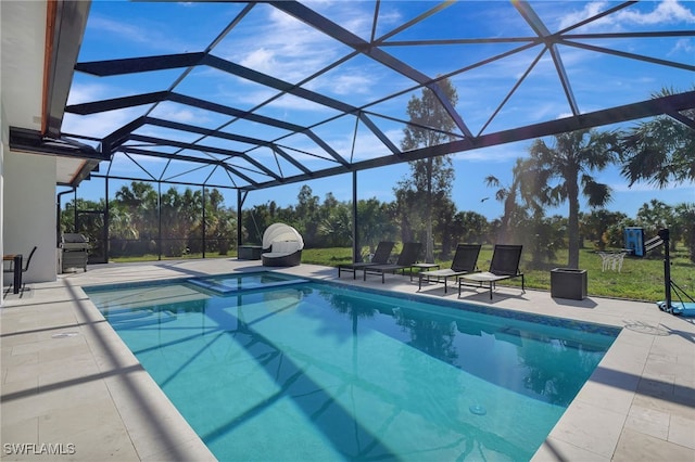 view of swimming pool featuring area for grilling, a patio area, and glass enclosure