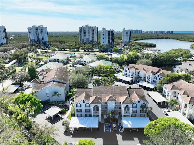 drone / aerial view featuring a water view