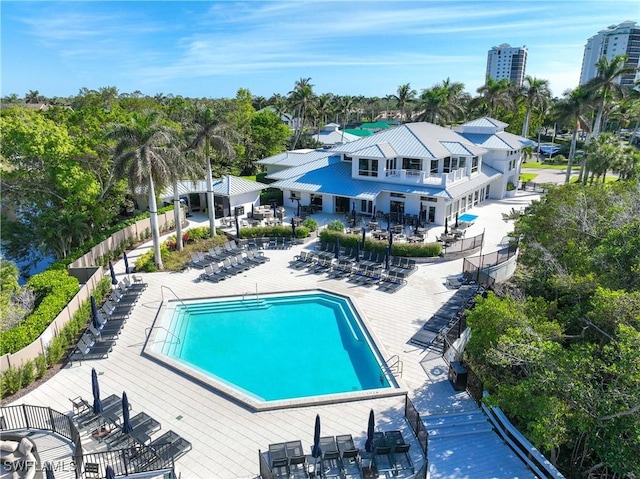 view of swimming pool with a patio