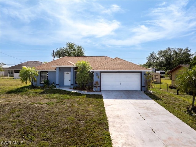 2207 NE 16th Pl, Cape Coral, FL 33909 - ranch-style home featuring concrete driveway, stucco siding, an attached garage, fence, and a front lawn