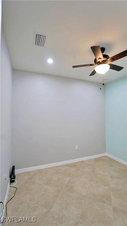 unfurnished room featuring recessed lighting, visible vents, a ceiling fan, and baseboards