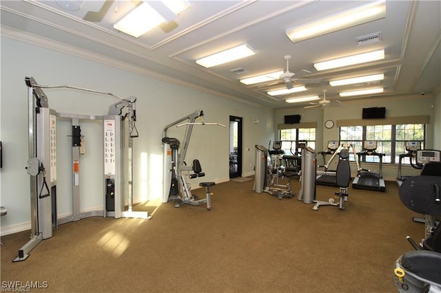 workout area featuring carpet, visible vents, baseboards, and ceiling fan