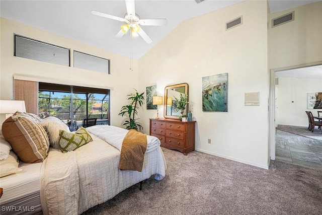 bedroom featuring carpet flooring, ceiling fan, high vaulted ceiling, and access to outside