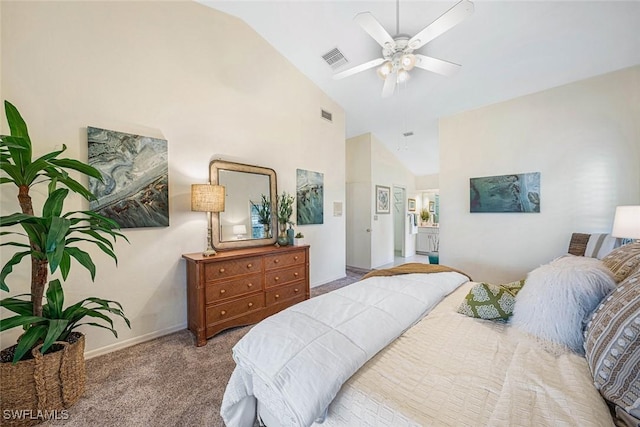 bedroom featuring ceiling fan, carpet floors, and vaulted ceiling