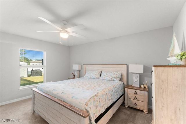 bedroom with ceiling fan and dark carpet