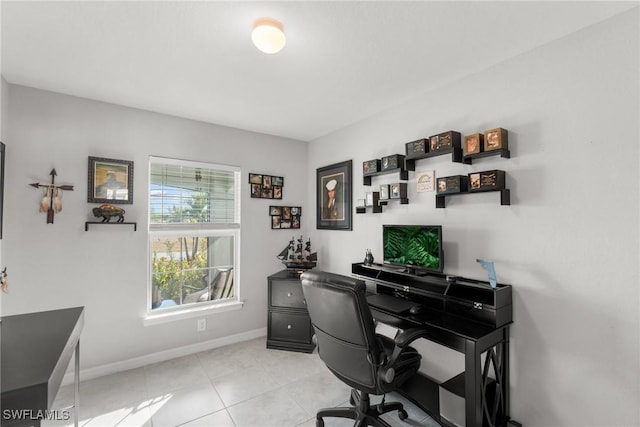 home office with light tile patterned floors