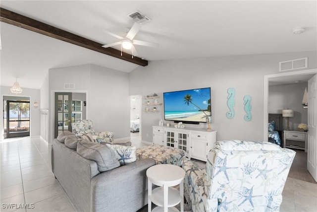 tiled living room featuring lofted ceiling with beams and ceiling fan