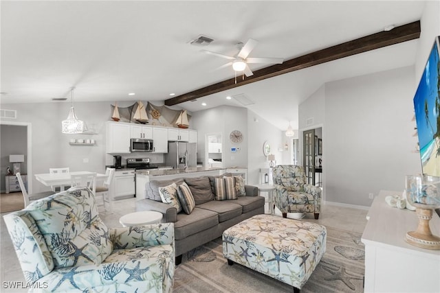 living room featuring lofted ceiling with beams and ceiling fan