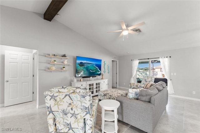 living room with vaulted ceiling with beams, ceiling fan, and light tile patterned floors