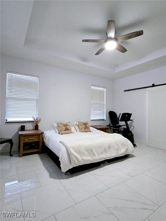 bedroom featuring a tray ceiling and ceiling fan