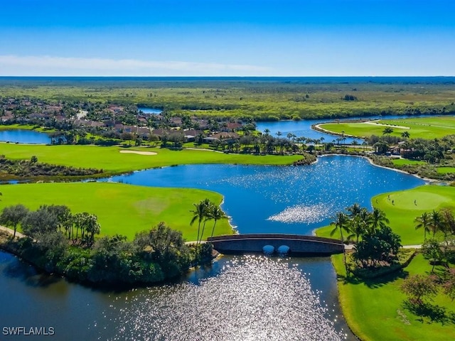 bird's eye view with a water view