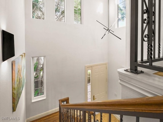 staircase with plenty of natural light, a towering ceiling, and wood-type flooring