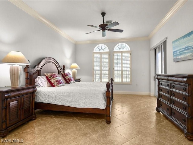 bedroom with ceiling fan, light tile patterned flooring, and ornamental molding