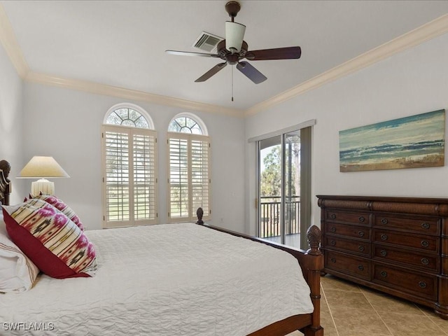 tiled bedroom featuring access to outside, ceiling fan, and crown molding