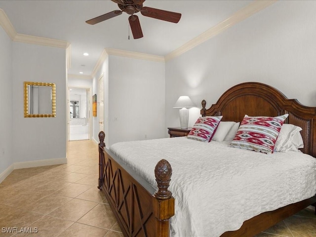 tiled bedroom featuring ceiling fan and ornamental molding