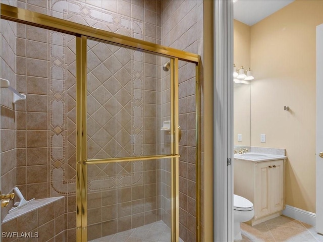 bathroom featuring tile patterned flooring, vanity, toilet, and an enclosed shower