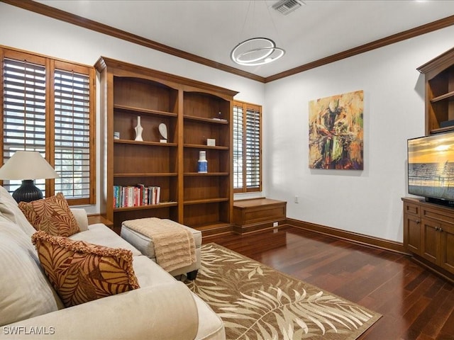 interior space featuring crown molding and dark wood-type flooring