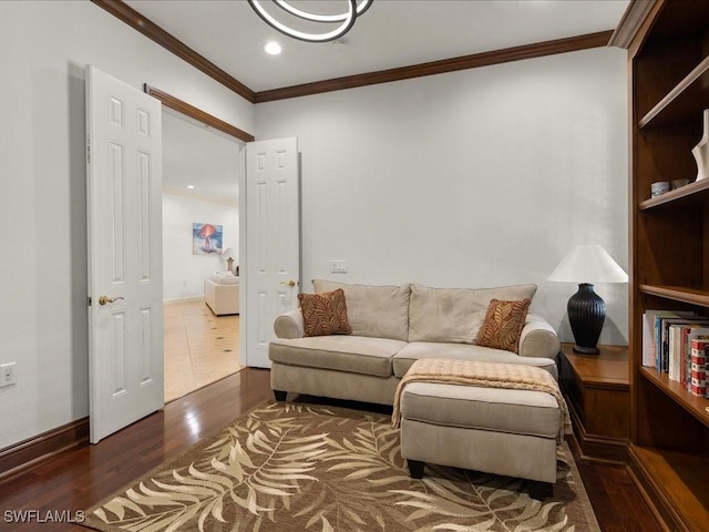 living room with dark hardwood / wood-style flooring and ornamental molding