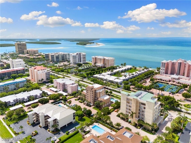 bird's eye view with a water view