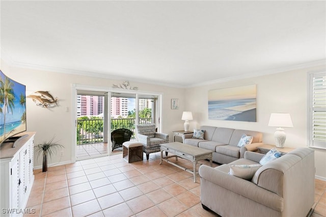 living room featuring crown molding and light tile patterned flooring