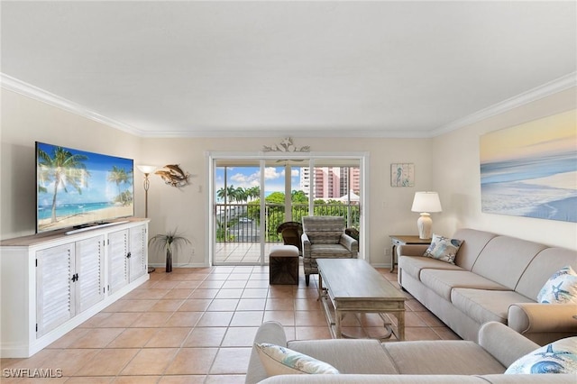 tiled living room featuring ornamental molding