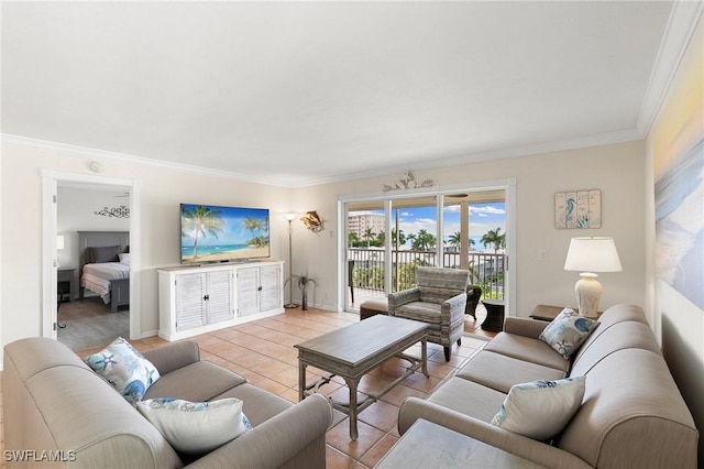 tiled living room featuring ornamental molding