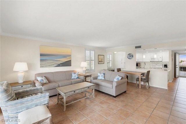 tiled living room featuring ornamental molding